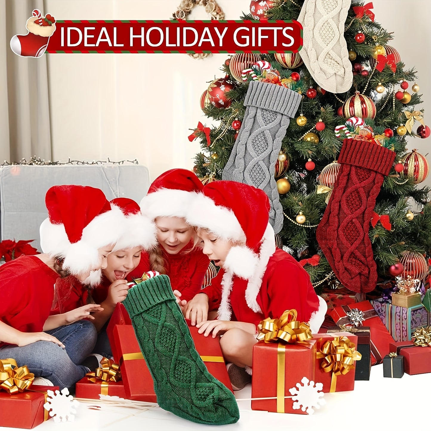 4pcs Extra-Large Soft Knitted Christmas Stockings - Vibrant Decorations in Ivory, Burgundy, Gray, and Green - Perfect for Fireplaces, Christmas Trees, Families, Holiday Parties, and Decorations
