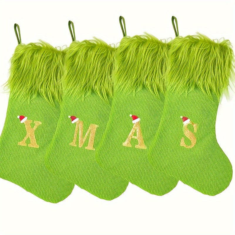 Green Faux Fur Christmas Stockings with Embroidered Letters, 18-inch Festive Holiday Decor, for Home & Party, Polyester, Christmas Decor