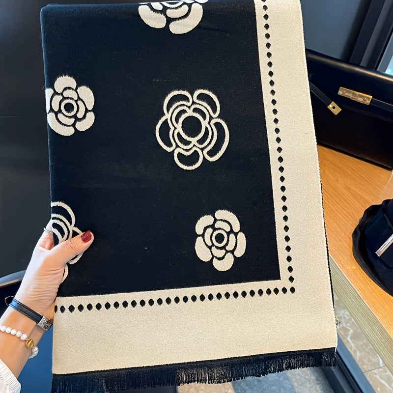 Camellia Flower Soft Shawl Scarf - Warm, Versatile, and Coldproof with Imitation Cashmere Feel - Perfect for Autumn and Winter, Short Beard Friendly, Stylish and Gentle on Skin