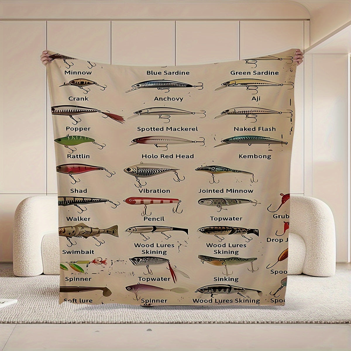 1pc Soft & Warm Flannel Blanket - Complete Fishing Bait Pattern, Cozy Sofa Bed Office Throw, Small Nap Blanket for Ultimate Comfort and Relaxation - Perfect for Indoor Outdoor Use