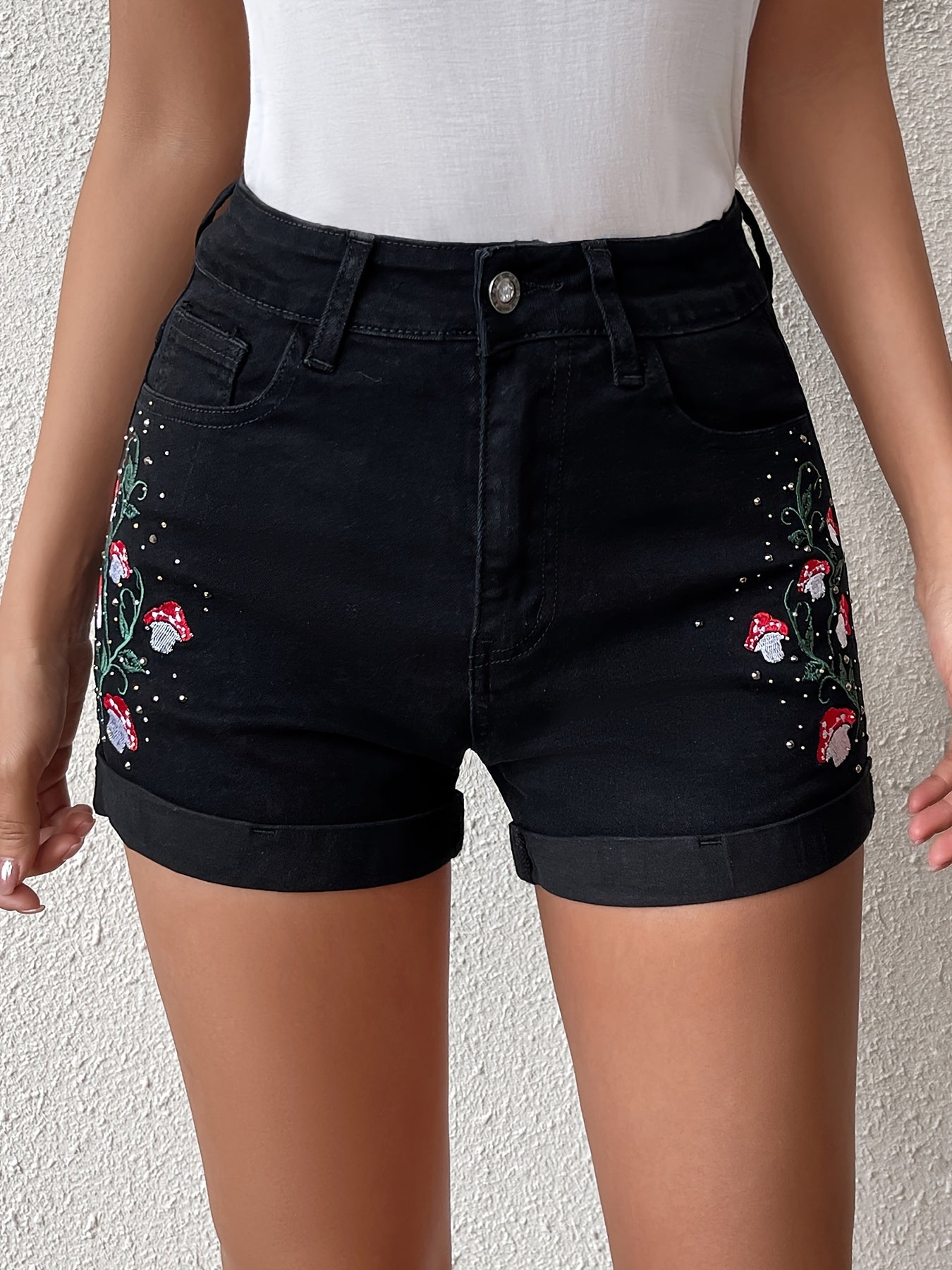 ZllKl Mushroom Plant Embroidery Cute Denim Shorts, Roll Up Hem Slash Pocket Denim Shorts, Women's Denim Jeans & Clothing