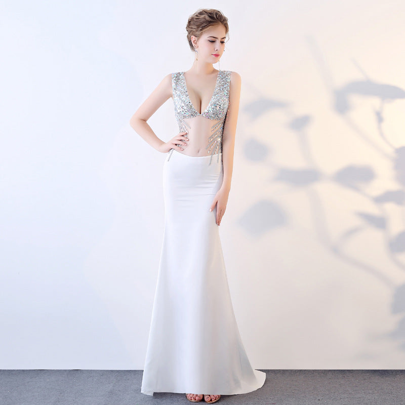 2025 G831/sexy perspective dress evening mesh transparent hollow hand-sewn drill car show performance
