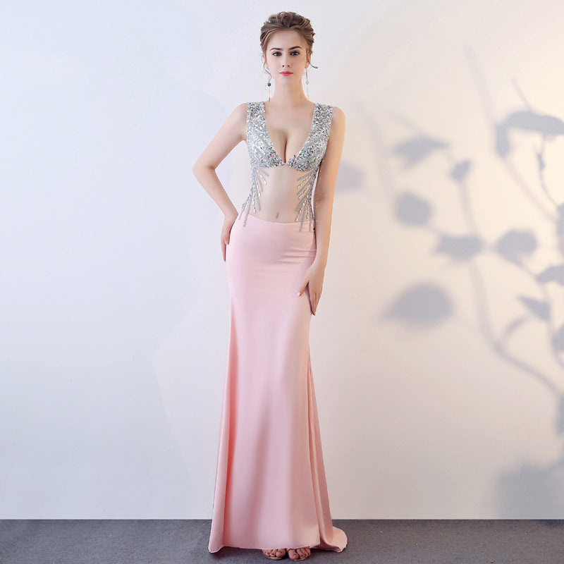 2025 G831/sexy perspective dress evening mesh transparent hollow hand-sewn drill car show performance