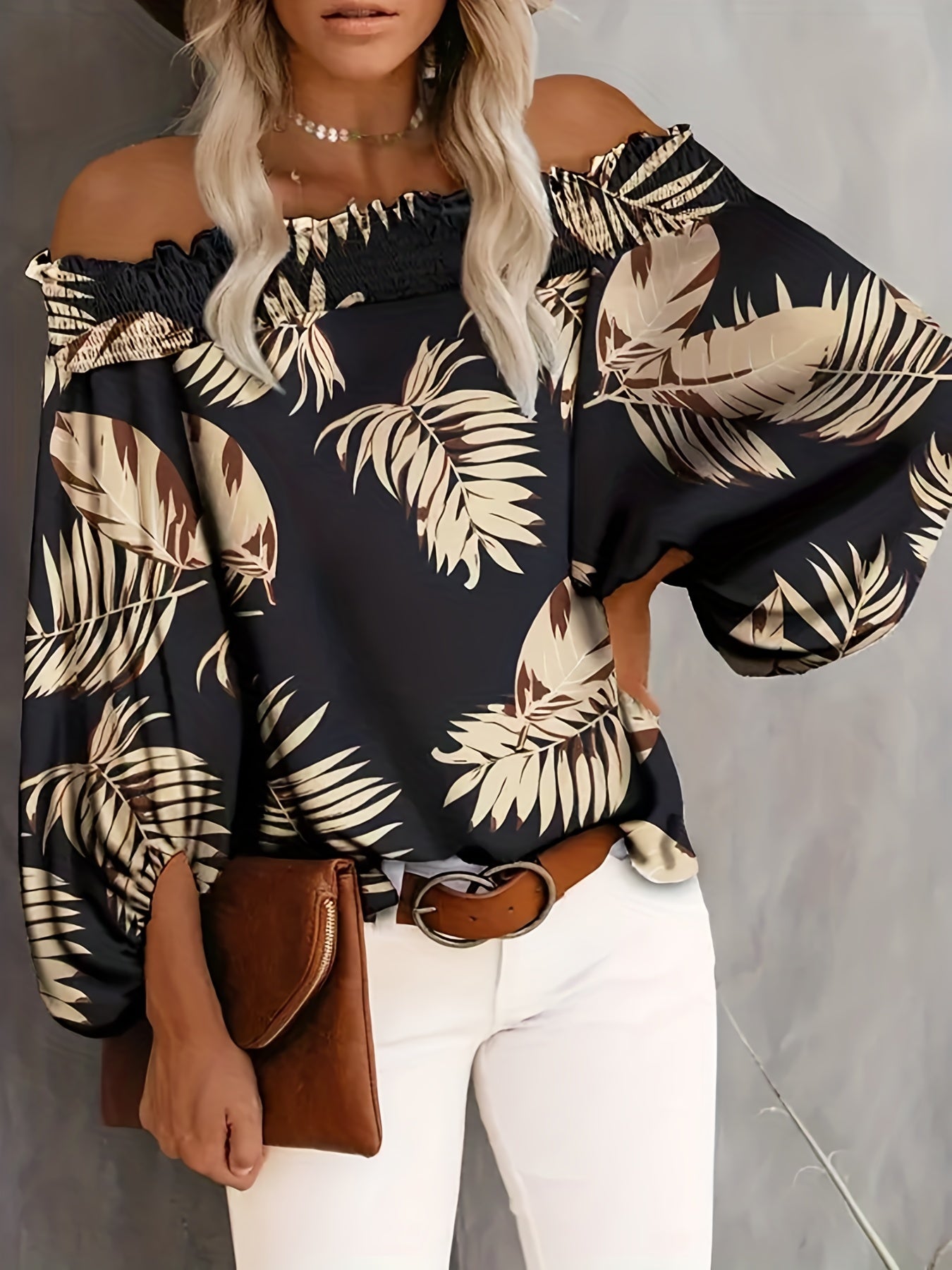 Plus Size Tropical Print Blouse - Relaxed Fit, Shirred Details, Off Shoulder, Lantern Sleeves - Perfect for Plus Size Women, Everyday Wear, Summer Outings, and Tropical Getaways
