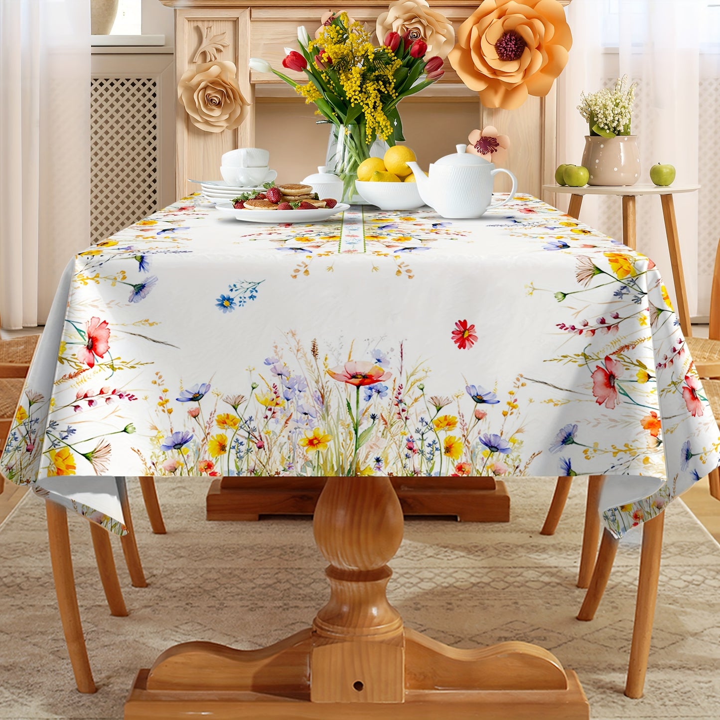 1pc Charming Watercolor Floral Tablecloth - Fresh Pastoral Wheat Motif - Seasonal Rectangle Table Cover for Spring Picnics & Holiday Celebrations, Elegant Home Decor