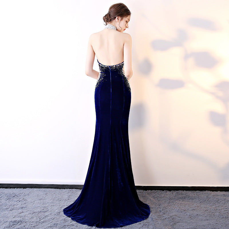 2025 G829/sexy see-through dress evening velvet autumn and winter neck long catwalk performance clothes