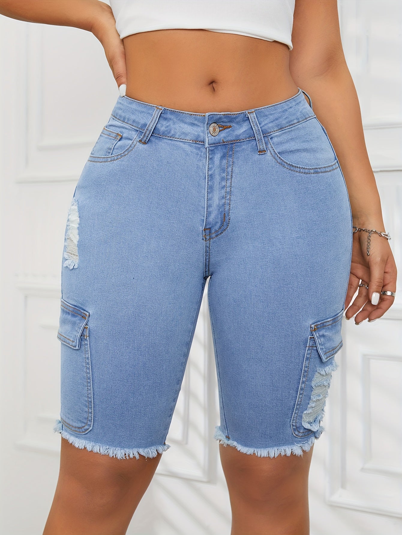 ZllKl Ripped Side Flap Pocket Cargo Denim Shorts, Raw Hem Distressed Plain Washed Blue High Rise Bermuda Denim Shorts, Women's Denim Jeans & Clothing