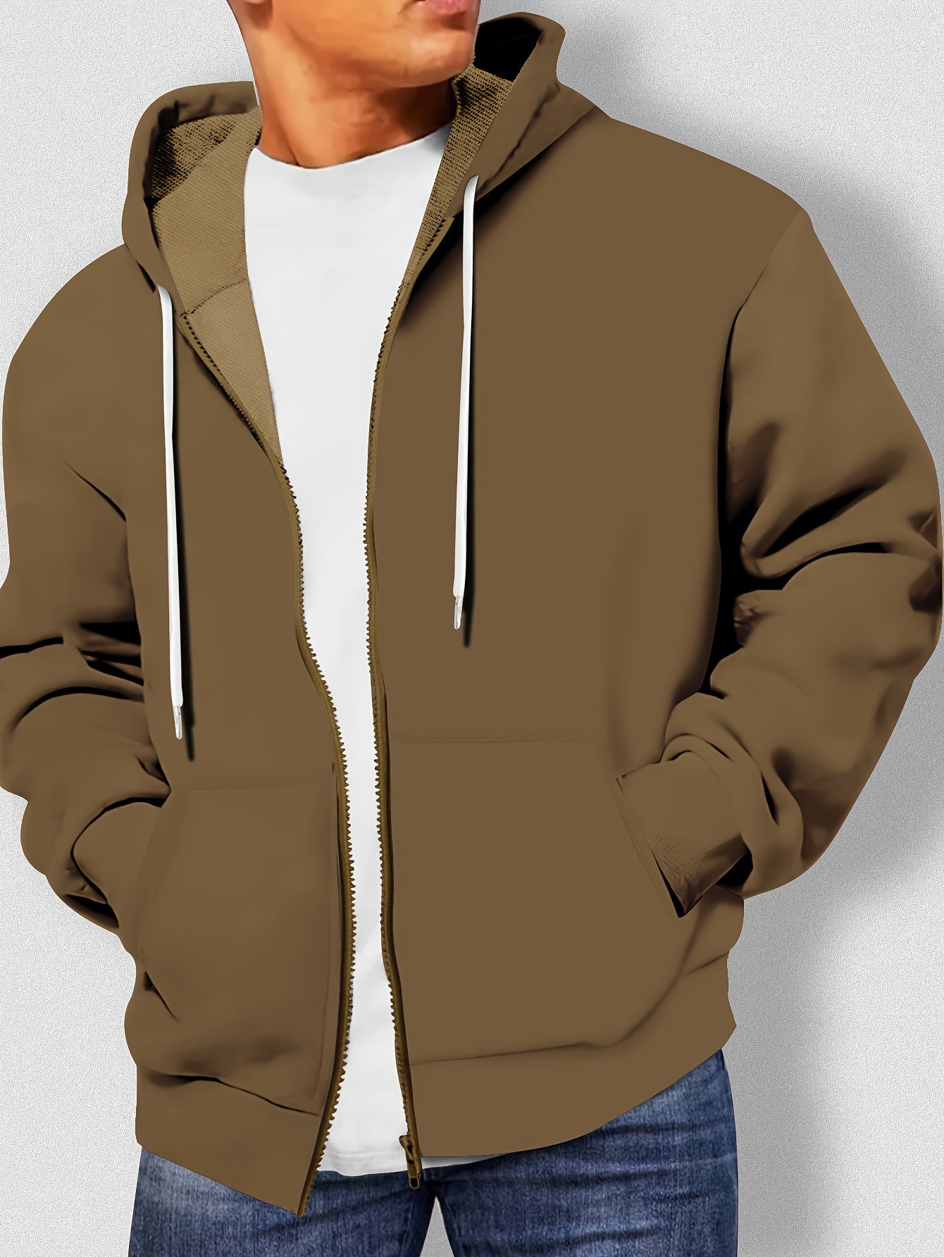 100% Polyester Plus Size Solid Color Zip-Up Hoodie for Men - Preppy Sports Style with Hood, Non-Stretch Drawstring Detail, Regular Fit for Spring/Fall Activities