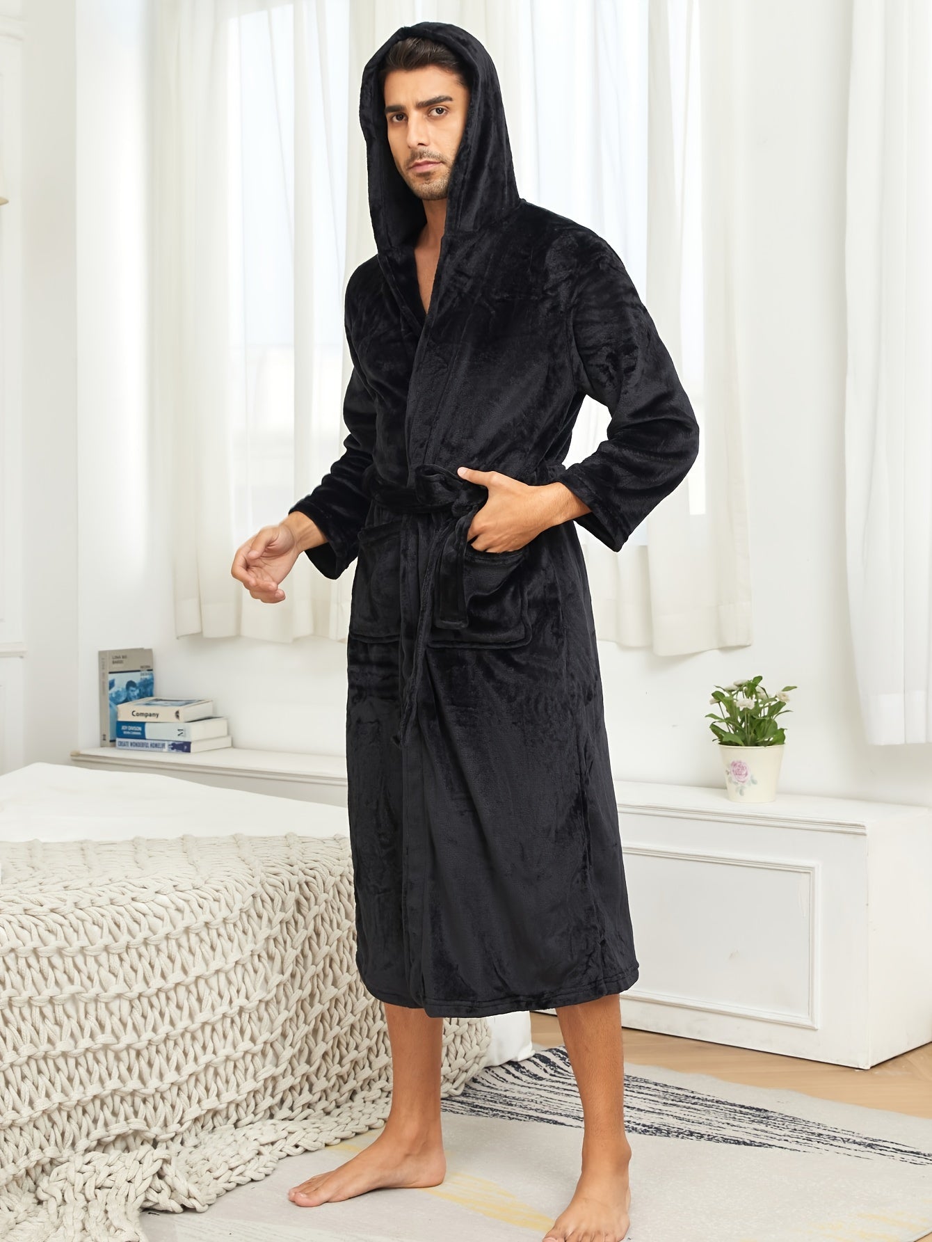 Mens Premium Flannel Bathrobe - Super Cozy Winter Wear, Hooded, Solid Color, Soft Fleece Lining, Double Pockets for Lounging Comfort
