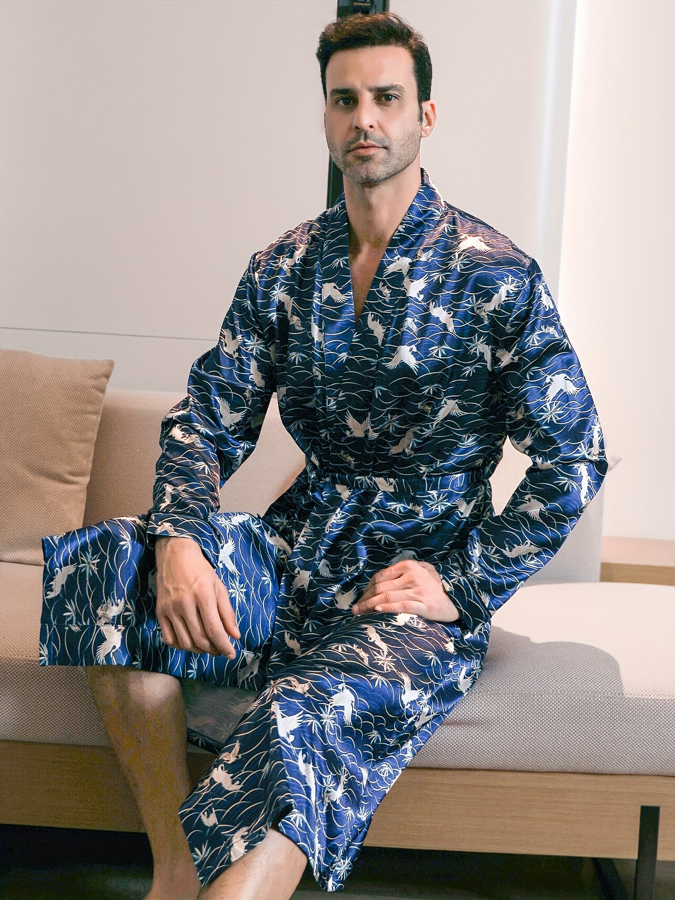 Single Pack Mens Ultra-Soft Silk Robe - Exceptionally Lightweight, Comfortable, and Suitable for Year-Round Wear - Unique Crane Pattern Design, Perfect for Lounge Wear and Relaxation