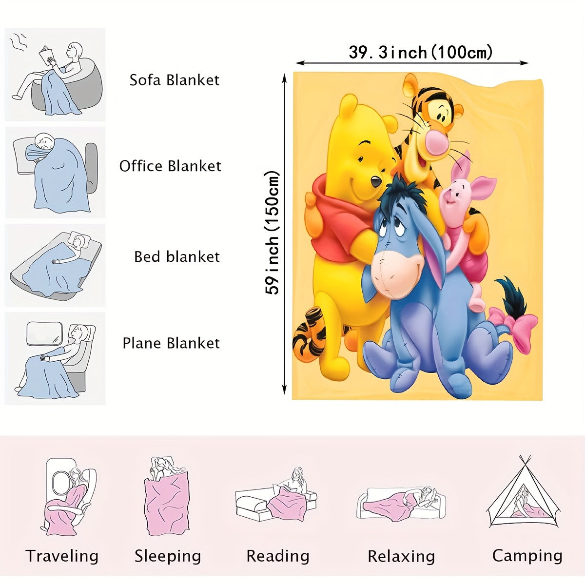 UME Cozy Flannel Throw Blanket - Winnie the Pooh, Tigger & Piggy Cartoon Design | Versatile All-Season Use for Couch, Bed, Office | Dry Clean Only