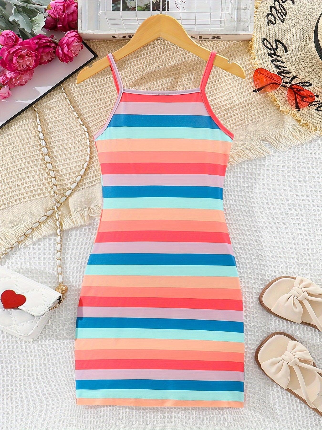 Colorful Stripe Dress - Bodycon Slim Fit Design, Adjustable Spaghetti Straps, Slip-on Style - Perfect for Little Girls and Tweens, Ideal Summer Gift for Birthday Parties, Outdoor Playdates, or Casual Occasions