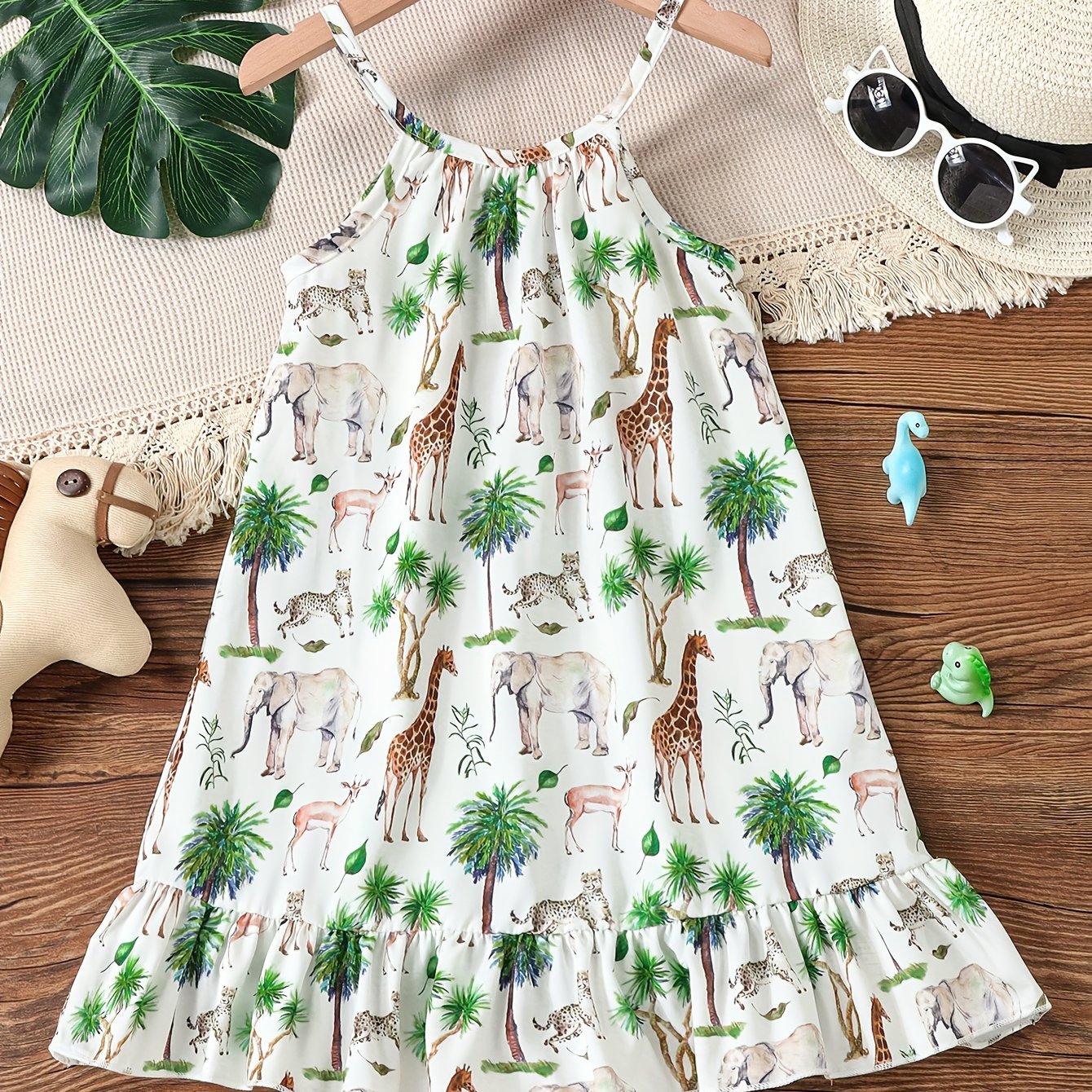 Girls' Summer Playful Cartoon Animal Cami Dress - Ruffle Hem Detail, Perfect for Holiday & Outdoor Adventures