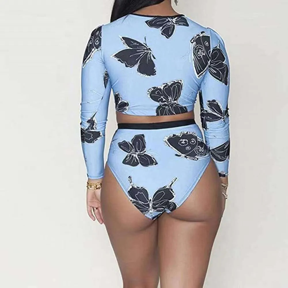 New Long Sleeved High Waist Women's Split Bikini Blue White Black Swimsuit