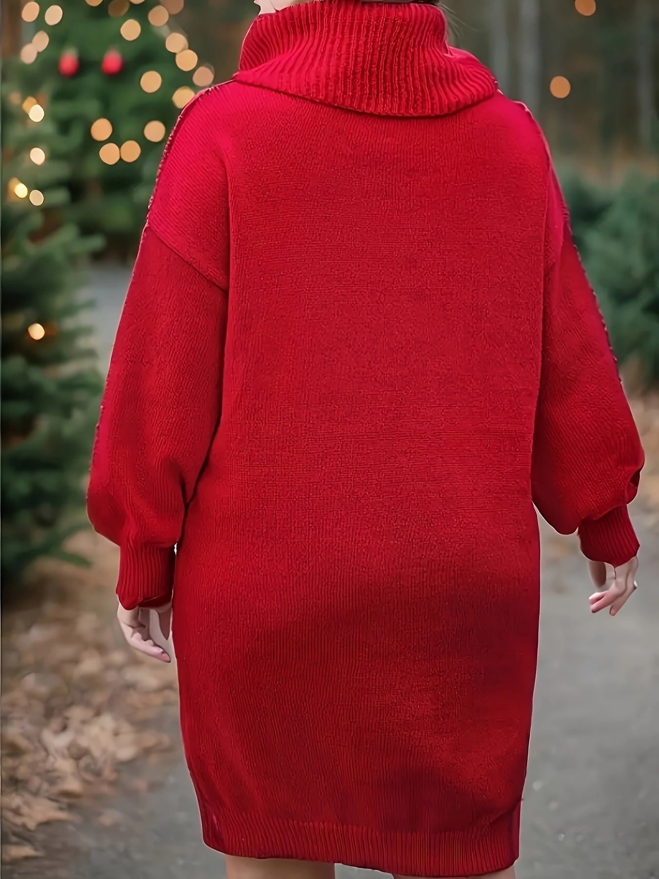 Plus Size Christmas Pattern Casual Long Sleeve Turtle Neck Sweater Dress for Fall & Winter Women's Clothing
