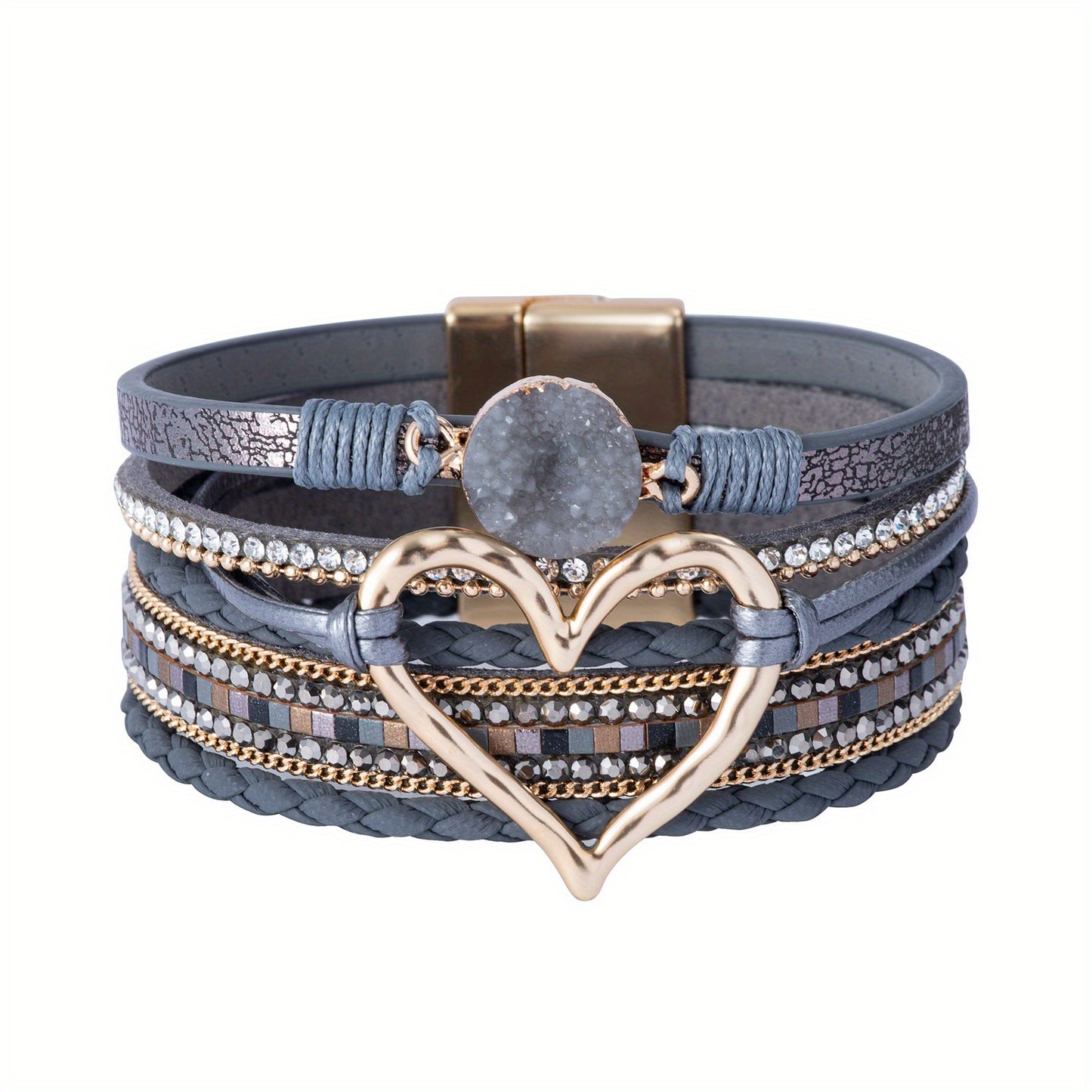 Trendy Bohemian Multilayer Bangle Bracelet - Handcrafted PU Leather with Golden Big Love Charm - Adjustable, Durable & Stylish - Perfect Boho Chic Accessory for Ladies