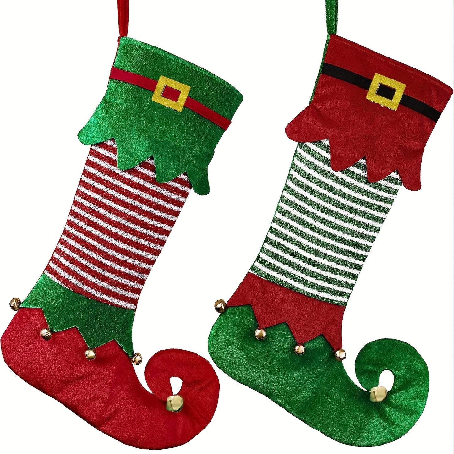 2-Piece Festive Elf-Inspired Christmas Stockings - Vibrant Contemporary Style Polyester Hanging Socks with Sparkling Accents for Festive Home Decor, Holiday Themes, and Universal Christmas Decorations Without Feathers