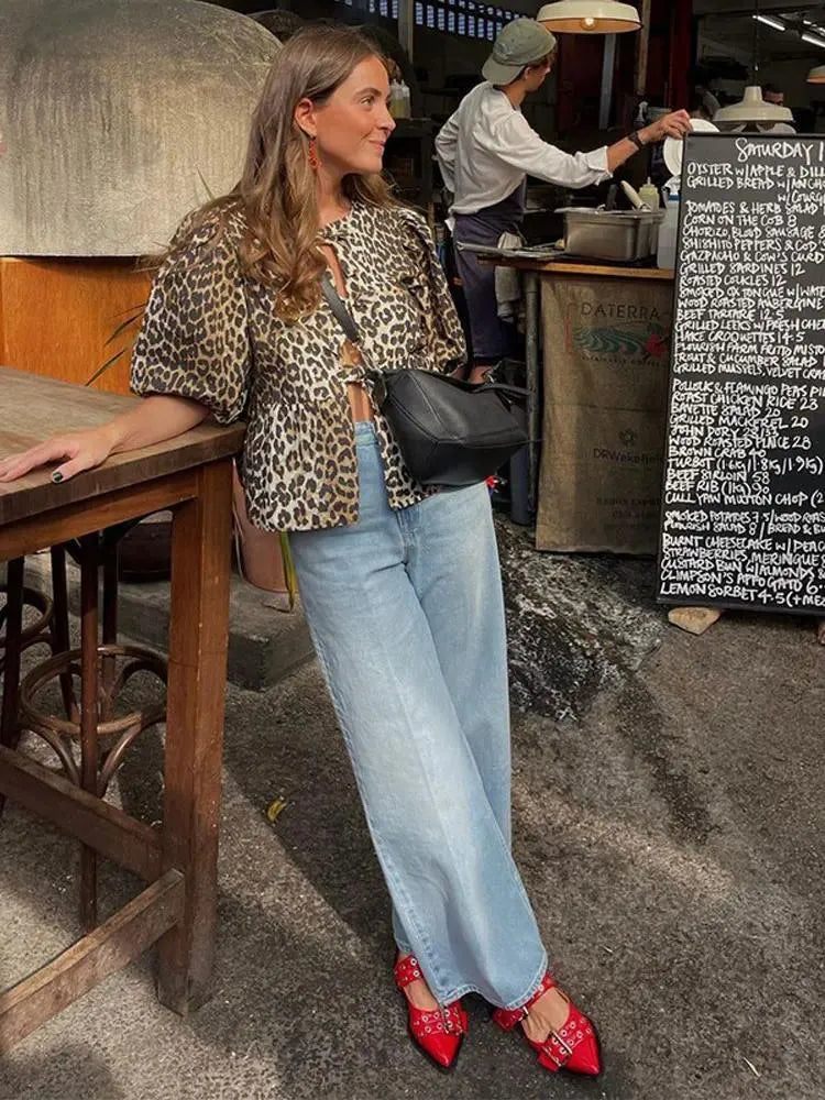 Women's Blouses Fashion Leopard Print Shirt For Women Chic O-neck Lace Up Cardigan Blouse Spring Puff Short Sleeve Lady Street Tops