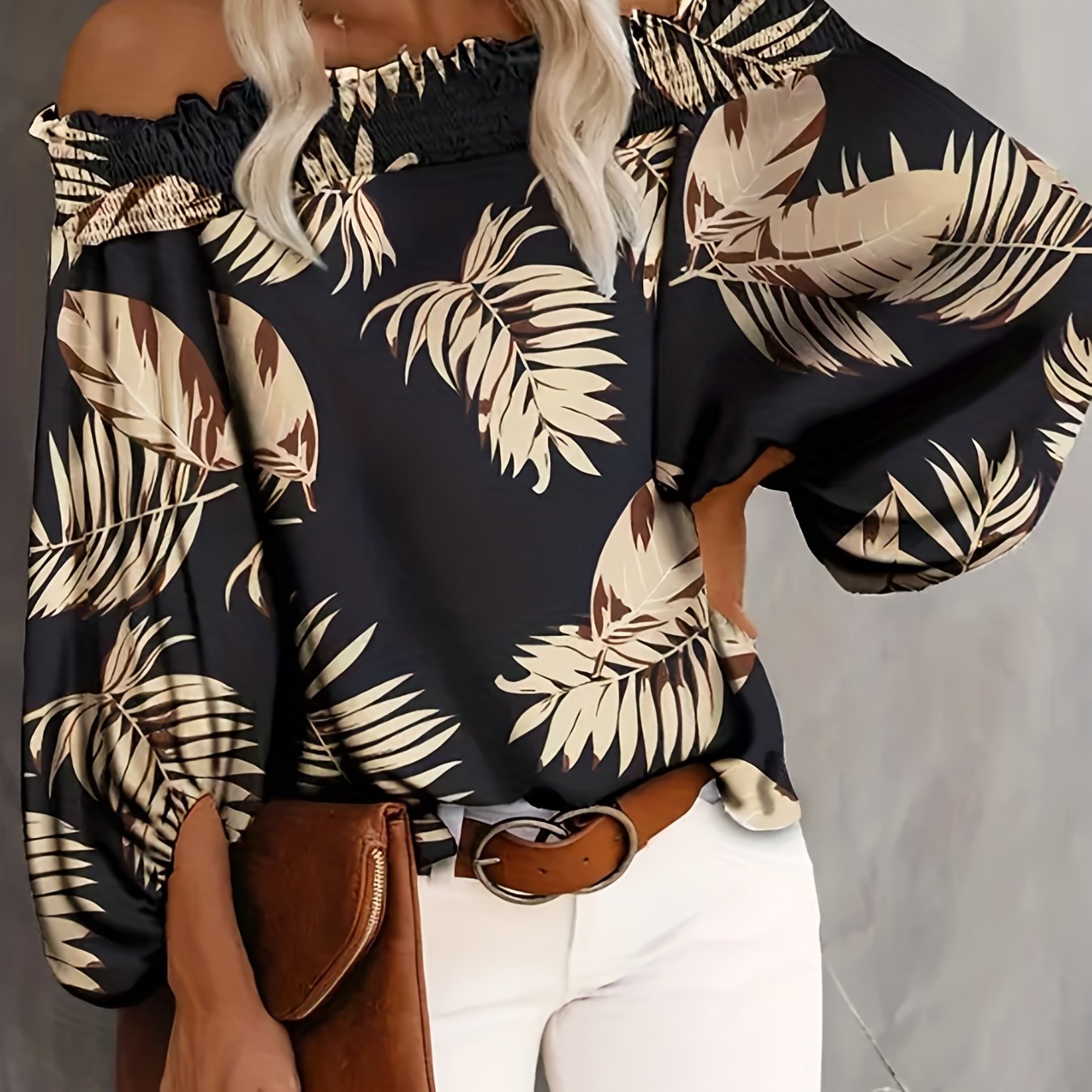 Plus Size Tropical Print Blouse - Relaxed Fit, Shirred Details, Off Shoulder, Lantern Sleeves - Perfect for Plus Size Women, Everyday Wear, Summer Outings, and Tropical Getaways