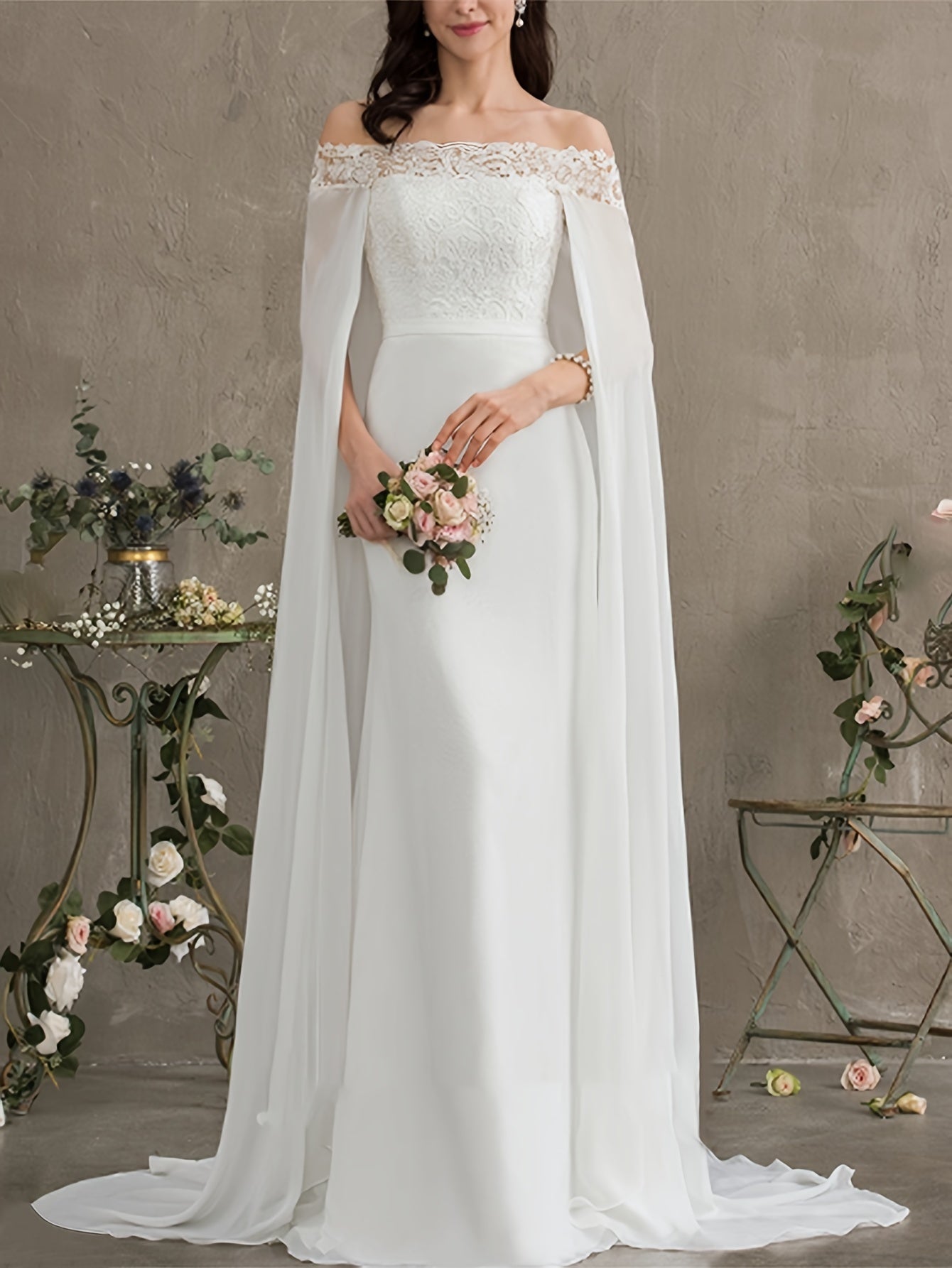 Long Length Off the Shoulder Bodycon Wedding Dress - Elegant Solid Contrast Lace Cape Design, Micro Elasticity Mesh Fabric, Pleated Hem, Chest Pad, Spring/Summer/Fall Season - Womens Elegant Occasion Dress for Wedding/Evening/Engagement/Ceremony