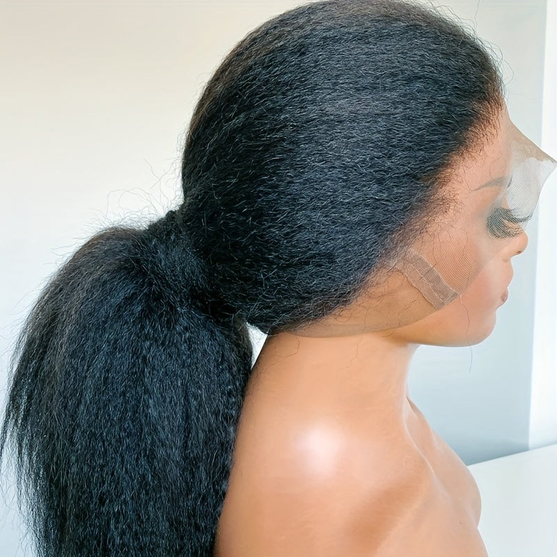 26 Inch Long Black Yaki Kinky Straight Synthetic Wig - Heat Resistant 13*4*1 Lace Front for Women - Perfect Daily Wear & Cosplay, Natural, Durable, Easy Style