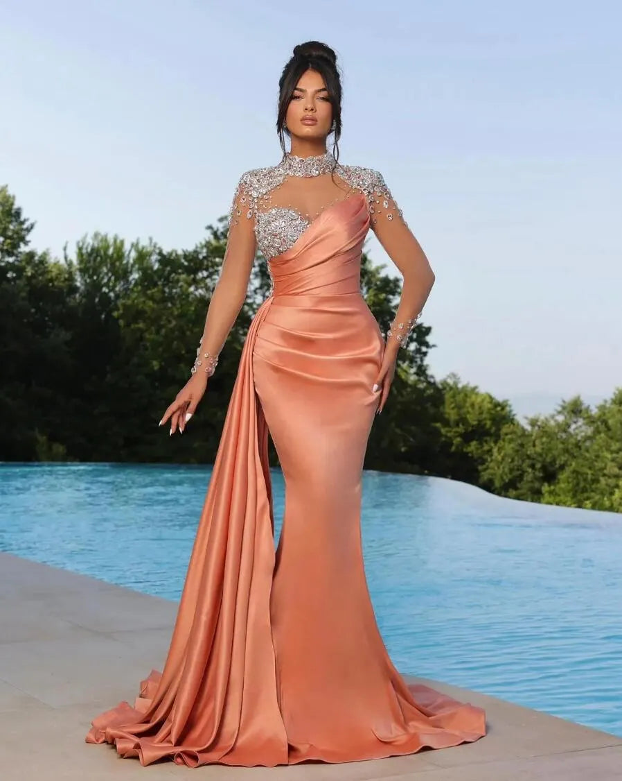 Black Peach Elegant Purple Mermaid Evening Dresses High Neck Sheer Appliques Beads Illusion Long Sleeve Pleats Ruffles Formal Ocn Prom Gowns BC16781 0627