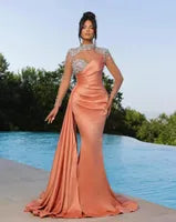 Black Peach Elegant Purple Mermaid Evening Dresses High Neck Sheer Appliques Beads Illusion Long Sleeve Pleats Ruffles Formal Ocn Prom Gowns BC16781 0627
