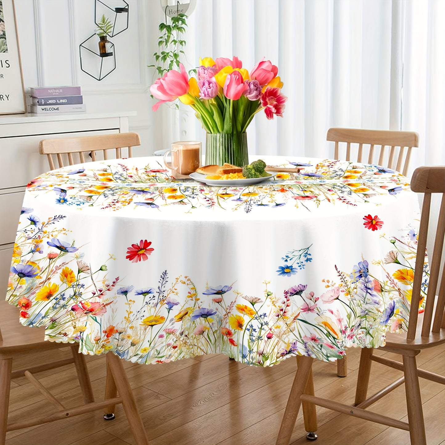 1pc Charming Watercolor Floral Tablecloth - Fresh Pastoral Wheat Motif - Seasonal Rectangle Table Cover for Spring Picnics & Holiday Celebrations, Elegant Home Decor