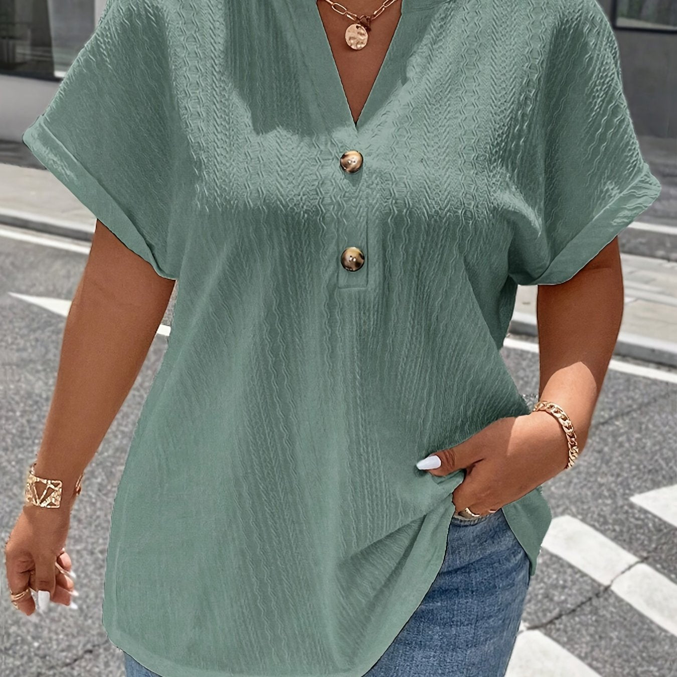 ZllKl Plus Size Simple Solid Blouse, Casual V Neck Short Sleeve Blouse For Spring & Summer, Women's Plus Size Clothing