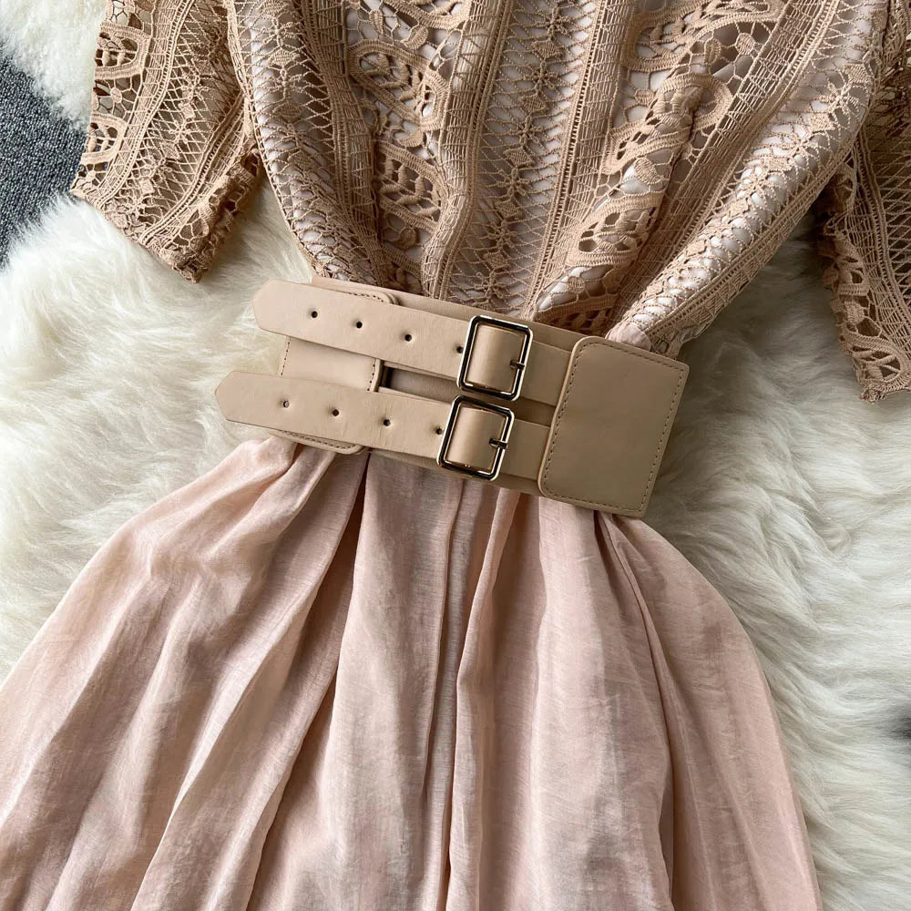 New Summer Elegant Women Stand Collar Long Dress Vintage Female Lace Patchwork Dress Empire Slim Fairy with Belt