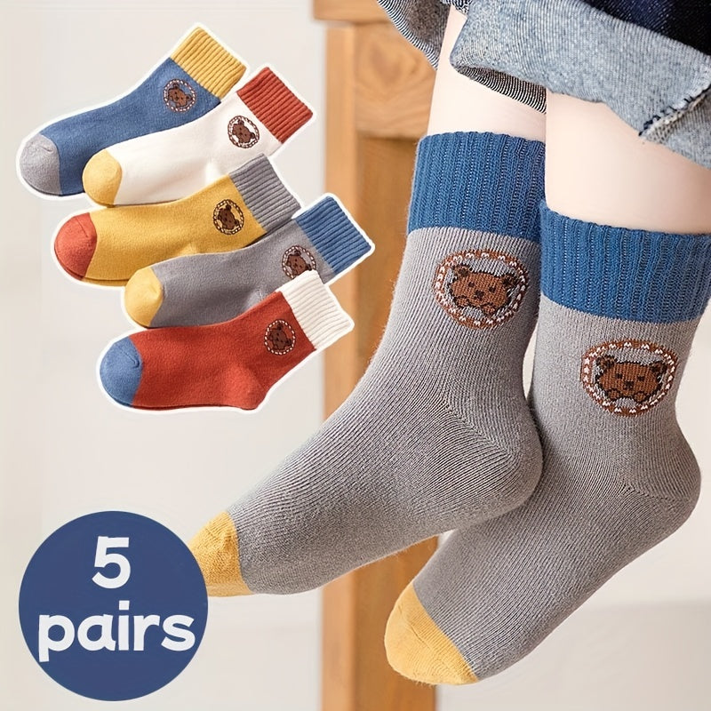 5Pairs/lot Boys Kids Cartoon Bear Pattern Cute Socks, Casual Sports Socks, Comfy Thickened Warm Crew Socks For Autumn Winter, Students Socks, Children's Socks