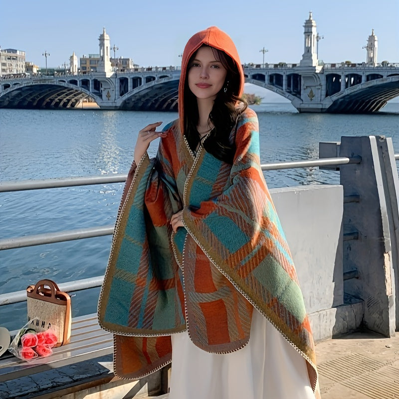 Cozy Oversized Hoodie Scarf Blanket - Stylish Boho Geometric Print with Tassels - Ultra-Soft Warm Cape for Outdoor Adventures, Windproof & Thick Cardigan Shawl