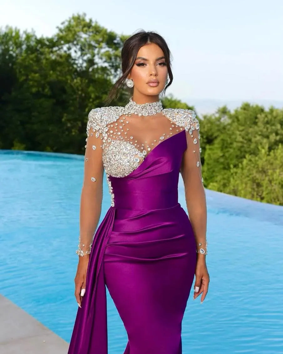 Black Peach Elegant Purple Mermaid Evening Dresses High Neck Sheer Appliques Beads Illusion Long Sleeve Pleats Ruffles Formal Ocn Prom Gowns BC16781 0627