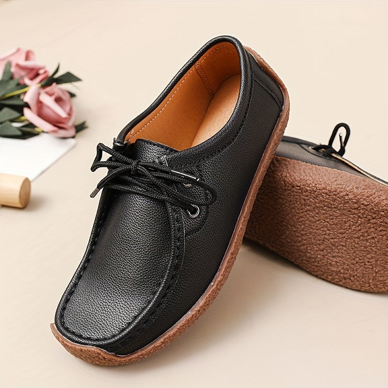 Womens Solid Color Microfiber Synthetic Leather Oxfords - Wear-Resistant, Lightweight, Breathable, Low-Top Lace-Up Flats with Plain Toe - Perfect for Casual, All-Season Wear