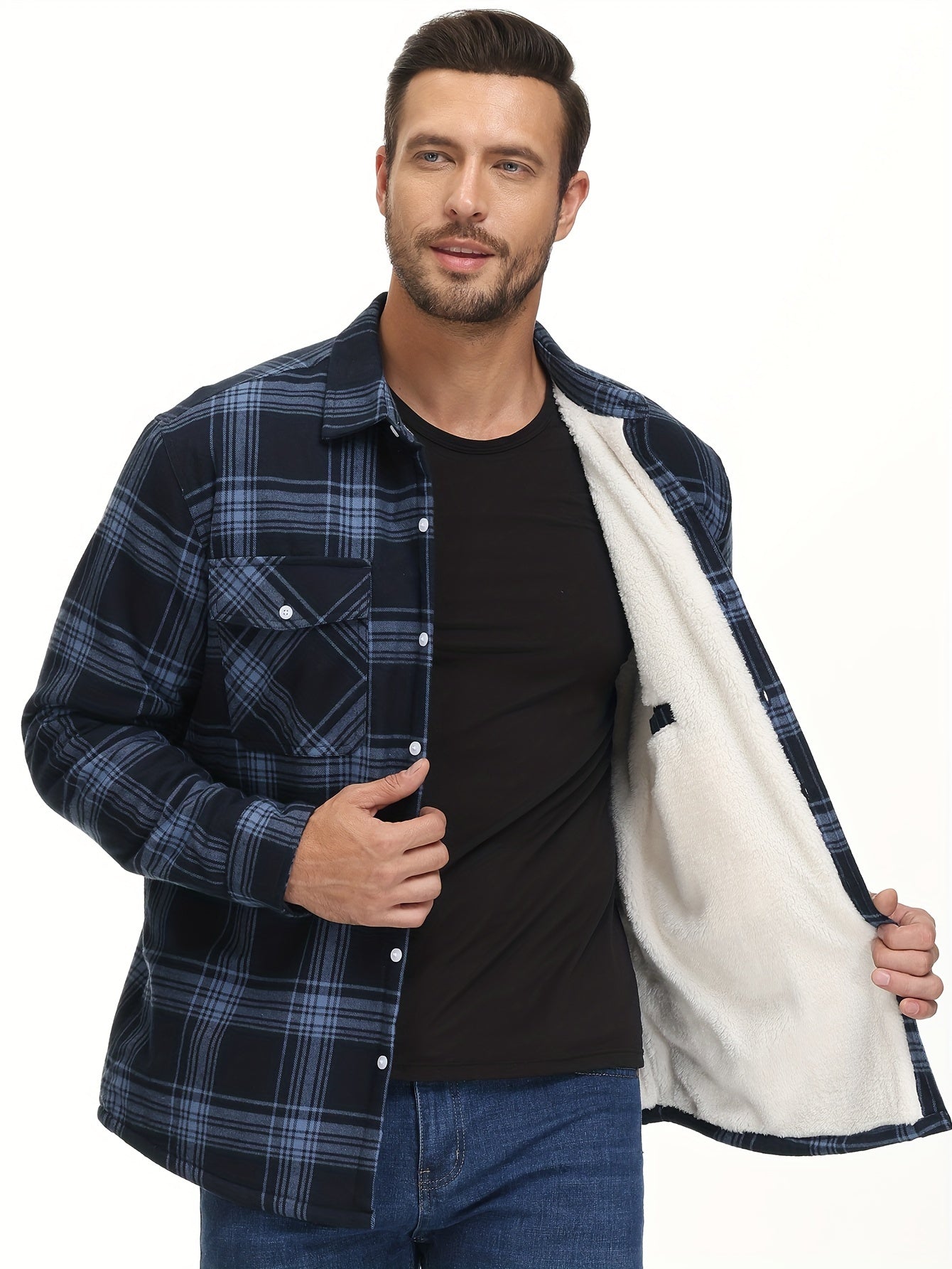 Big And Tall Men's Flannel Shirt Jacket Winter Turn-Down Collar Long Sleeve Fleece Lined Warm Classic Plaid Design 5 Pocket Shirt Jacket Button Front Adjustable Cuffs Soft Comfortable For Hiking Camping Fishing Dating Work Fleece Shirt Jacket