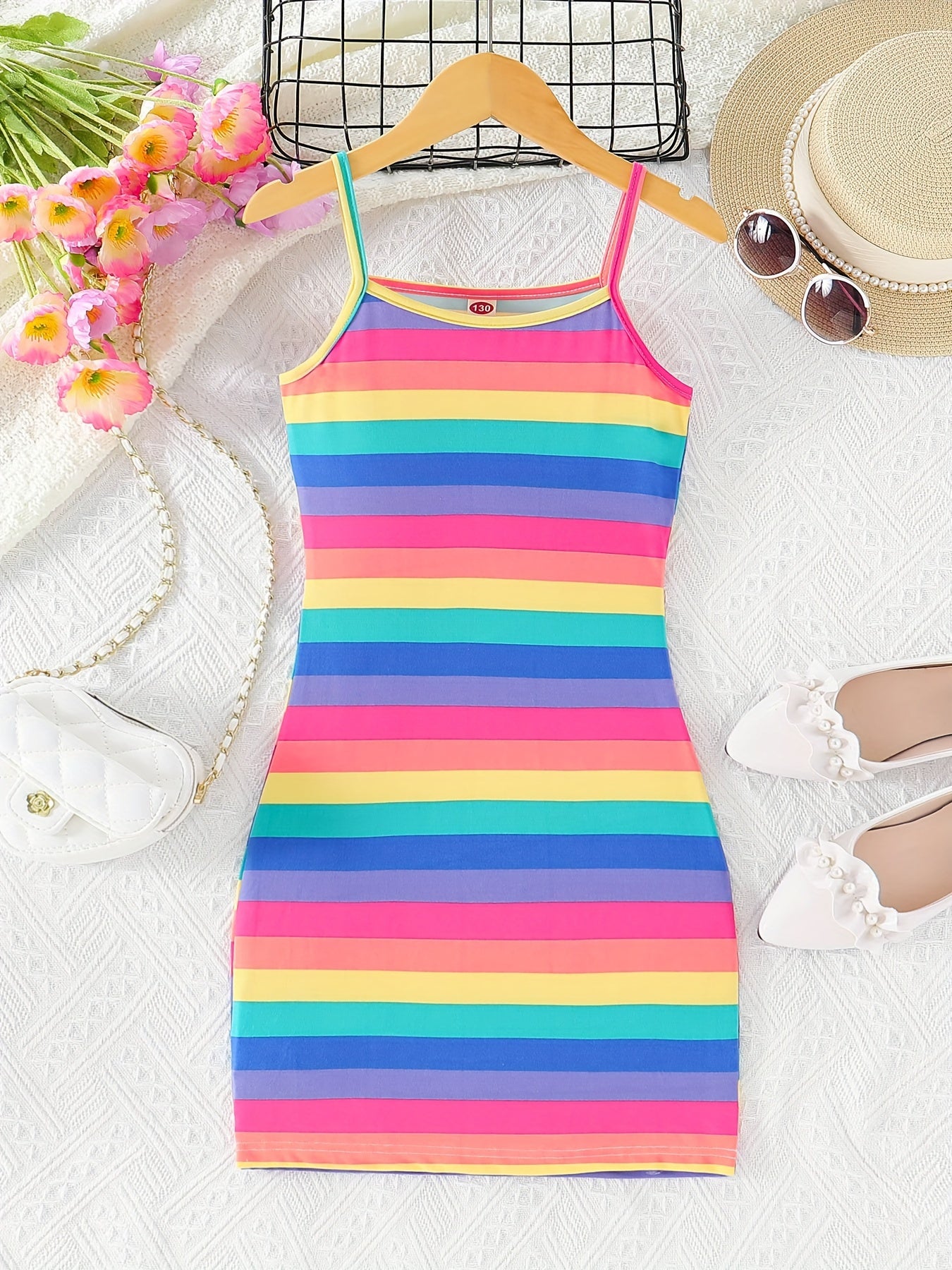 Colorful Stripe Dress - Bodycon Slim Fit Design, Adjustable Spaghetti Straps, Slip-on Style - Perfect for Little Girls and Tweens, Ideal Summer Gift for Birthday Parties, Outdoor Playdates, or Casual Occasions