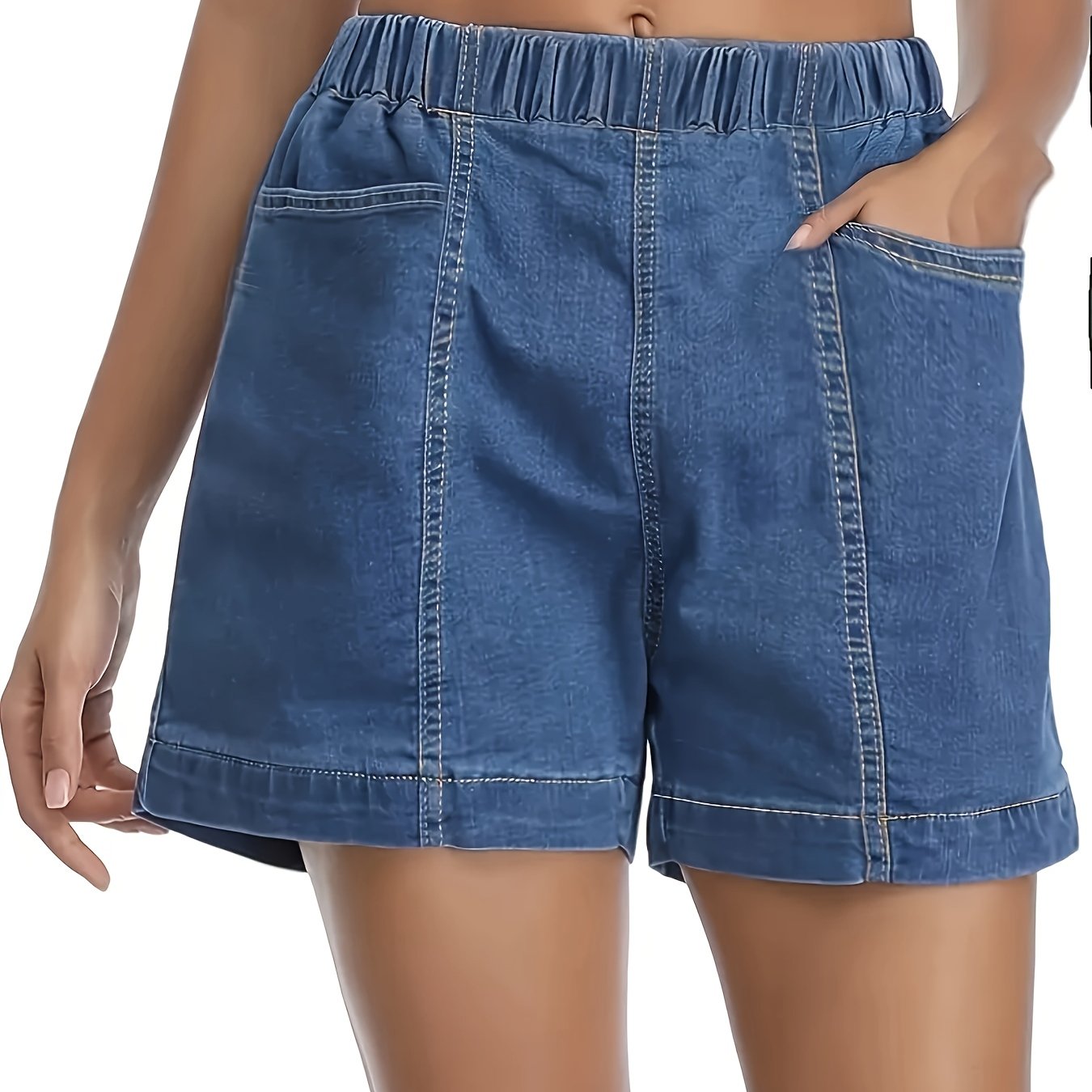 ZllKl Women's Stylish Denim Shorts, Casual Sporty Style, Elastic Waist, Comfort Fit, With Pockets, Versatile Summer Wear