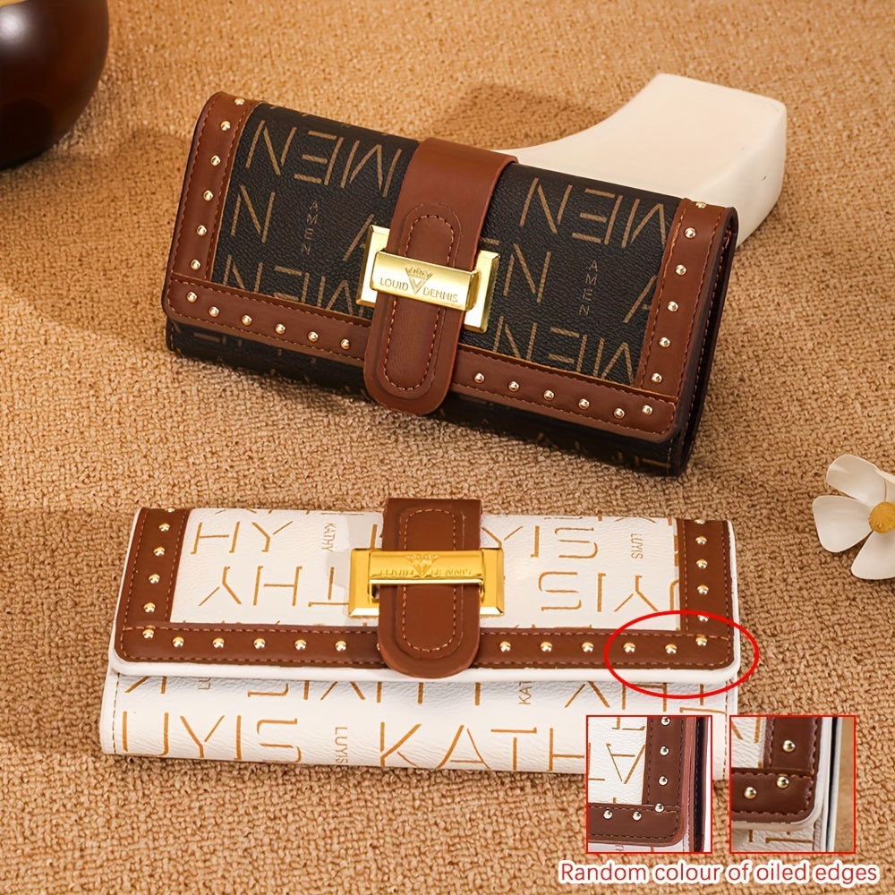 Trendy Classic Long Clutch Wallet, Vintage Print Colorblock Rivets Decor Trifold Coin Purse For Women