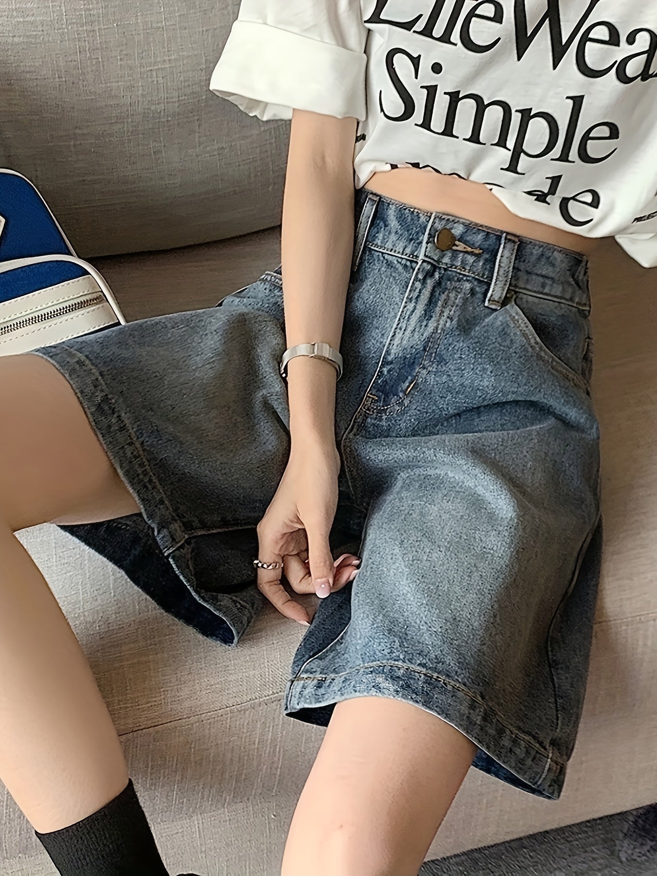 ZllKl High Rise Plain Washed Denim Shorts, Slash Pocket Cuffed Loose Fit Denim Jorts, Women's Denim Jeans & Clothing