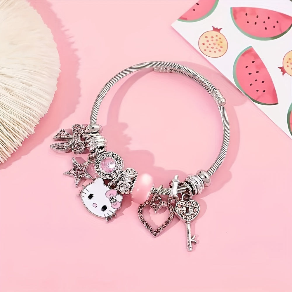 Stunning Sanrio Hello Kitty Mosaic Zircon Alloy Bracelet - Sparkling Cartoon Bangle for Girls, Unique Sweet Gift Idea with No Plating, Exquisite Detailing