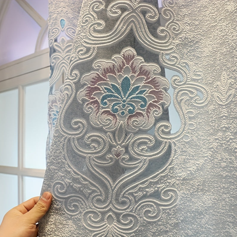 1pc Exquisite Grey and Blue Jacquard Embroidered Window Sheer Curtain - Adds Elegance to Living Room, Bedroom, Balcony with Soft Filtered Light, Privacy Protection, and Easy Installation - Perfect Home Decor for Windows