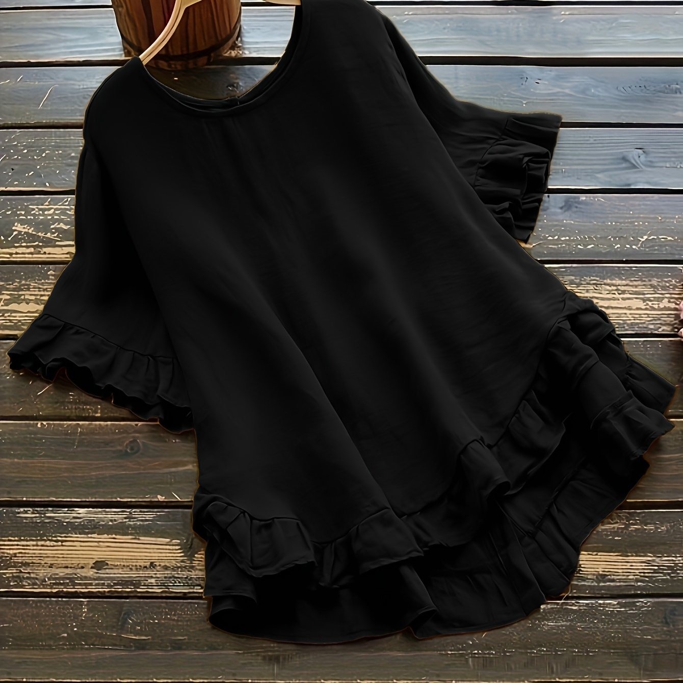 ZllKl Solid Button Back Ruffled Trim Blouse, Casual Short Sleeve Blouse For Spring & Summer, Women's Clothing