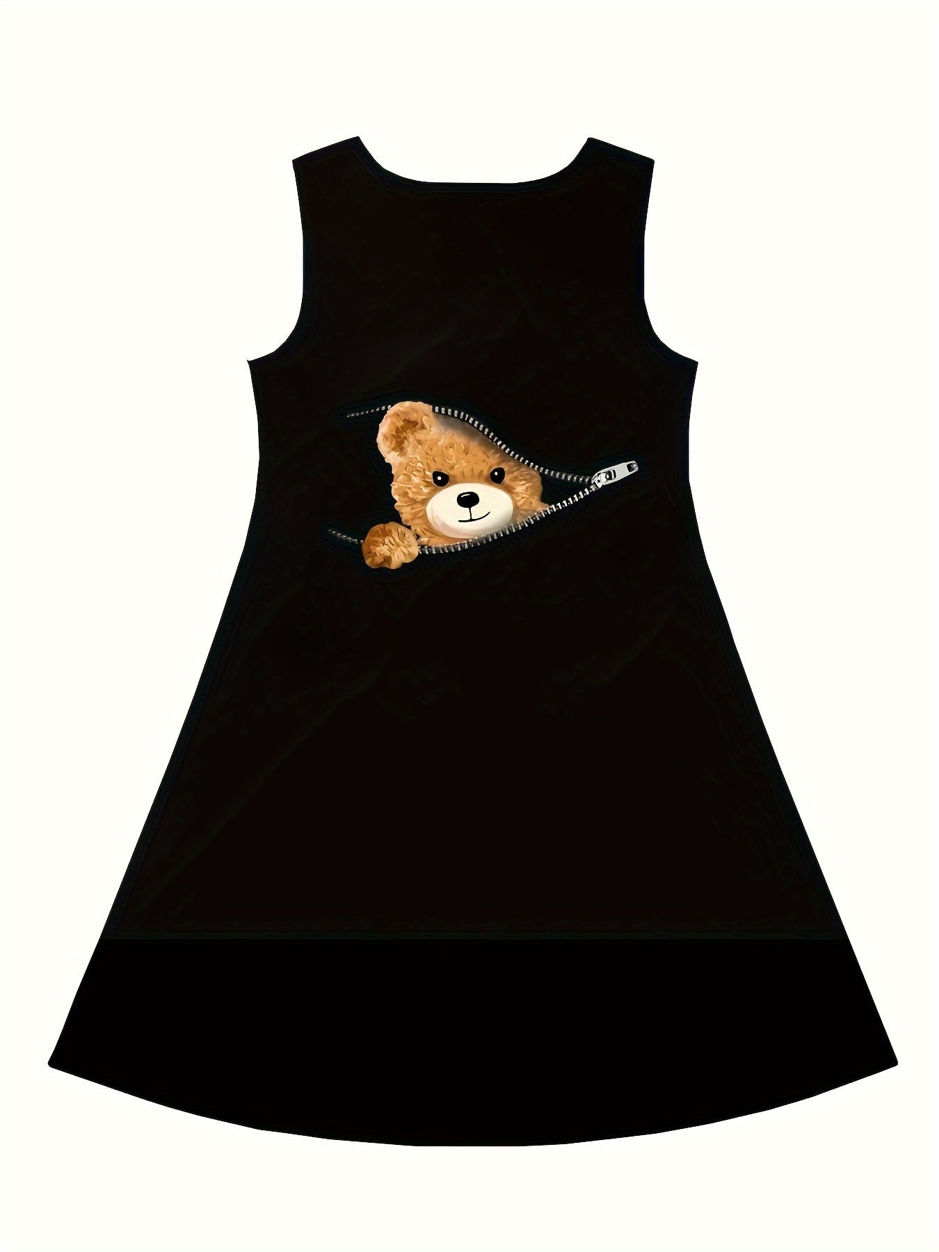 3D Zipper Bear Graphic Midi Dress for Girls - Sleeveless, Crew Neck, Fit and Flare, Slight Stretch, Machine Washable, Cartoon Pattern, Ideal for Casual Outings, Party, Holiday - Polyester, Knee High, Summer Dress