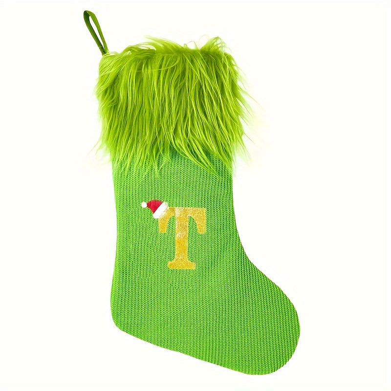 Green Faux Fur Christmas Stockings with Embroidered Letters, 18-inch Festive Holiday Decor, for Home & Party, Polyester, Christmas Decor