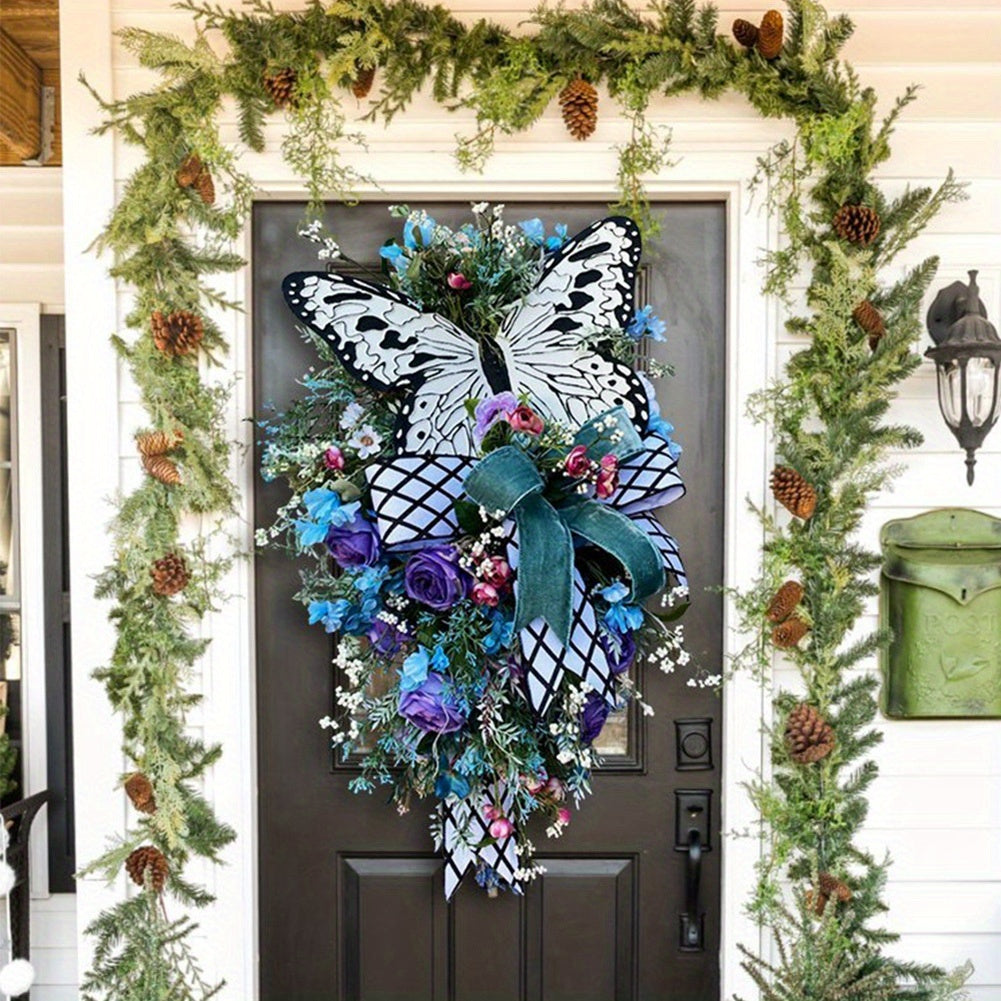 Artificial Spring Wreath Flowers Swag with Fake Butterflies Front Door Wreath
