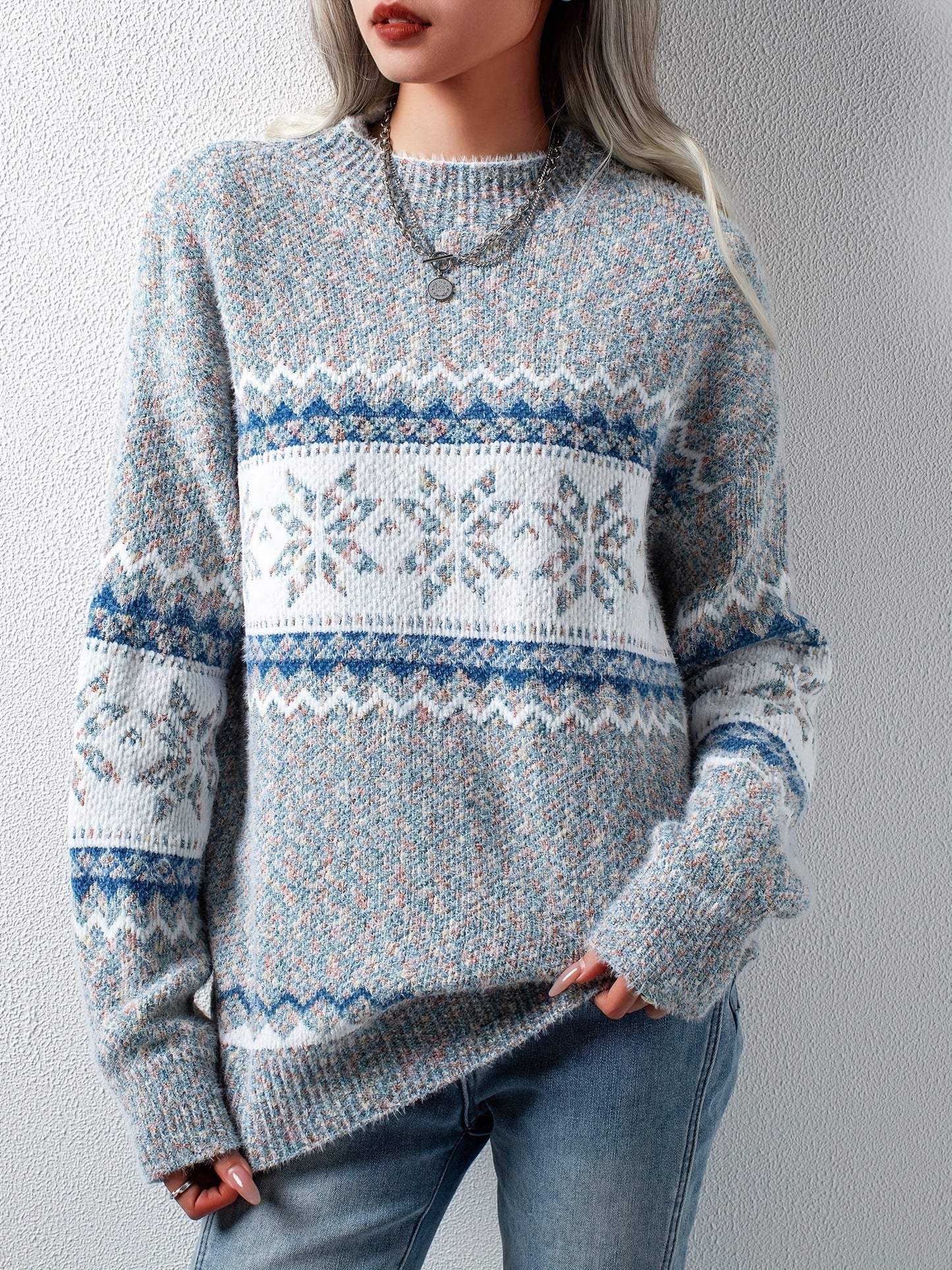 Cozy Snowflake Pattern Mock Neck Long Sleeve Pullover Sweater - Women's Winter Clothing - Soft, Cute, and Comfortable Sweater for Casual Daily Wear