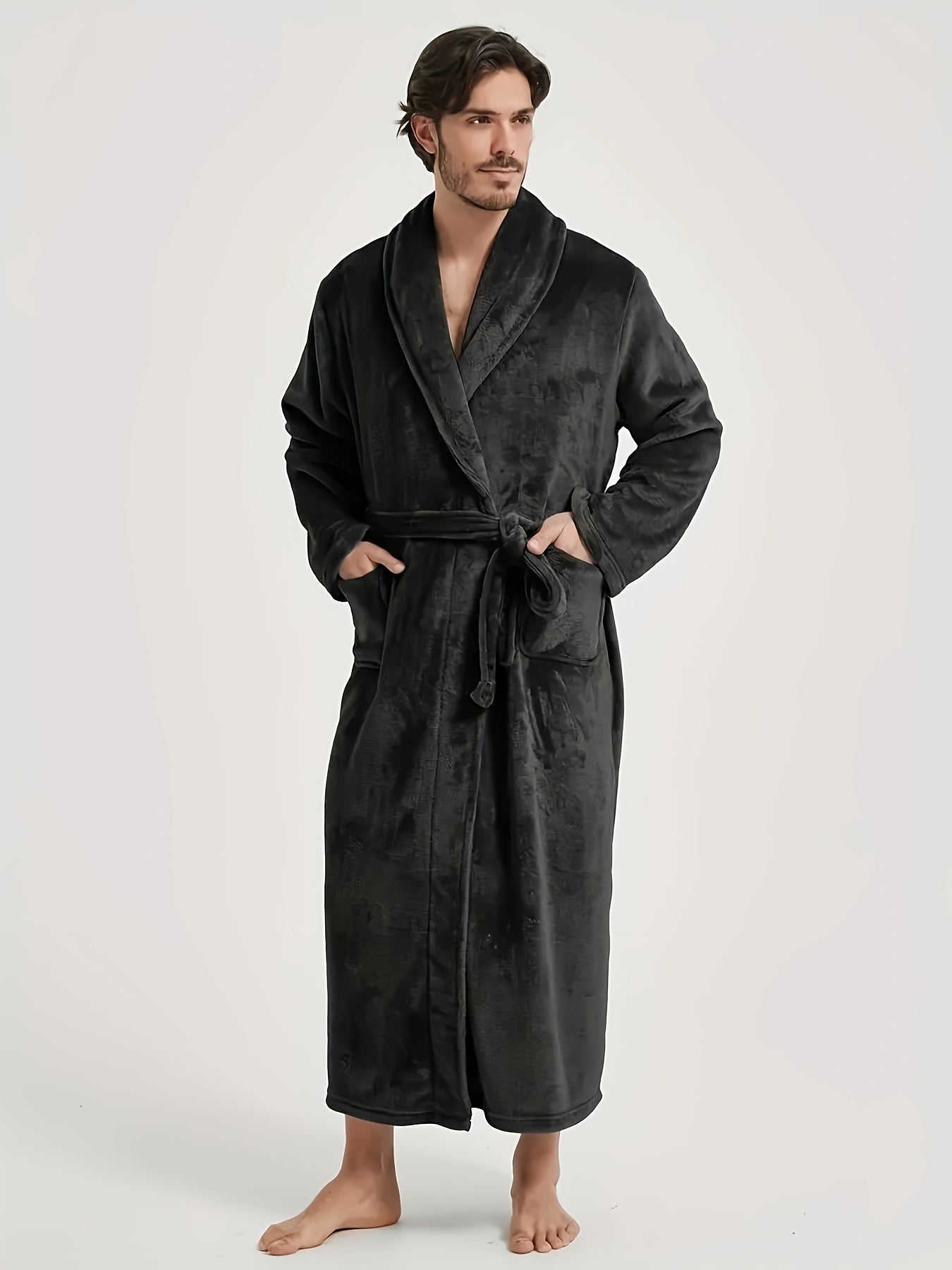Super- Stylish Men's Flannel V-neck Loose Robe, Soft Fleece Elegant Long Sleeve Lounge Wear, For Autumn/Winter