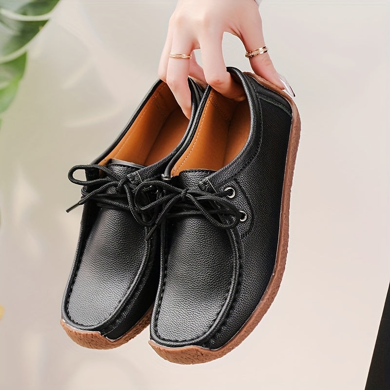 Womens Solid Color Microfiber Synthetic Leather Oxfords - Wear-Resistant, Lightweight, Breathable, Low-Top Lace-Up Flats with Plain Toe - Perfect for Casual, All-Season Wear