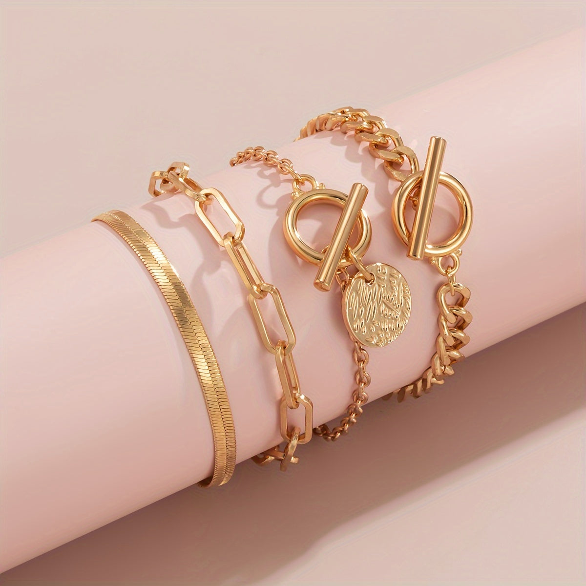 4pcs/set Golden Alloy Punk Chic Hollow Chain Bracelet - Fashionable Unique Accessory for Daily Wear, Party and Gift Idea - Stylish, Durable, Versatile, and Affordable Ladies' Jewelry