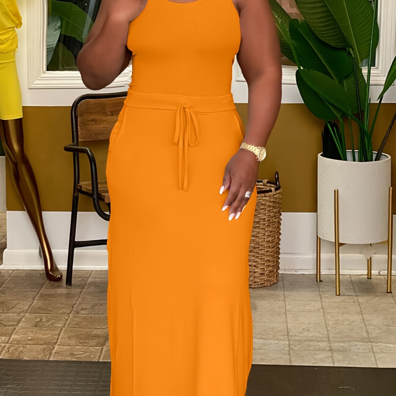 Plus Size Chic Solid Slim Belted Tank Maxi Dress - Comfortable Sleeveless Design for Spring & Summer - Women's Casual Wear for Curvy Figures